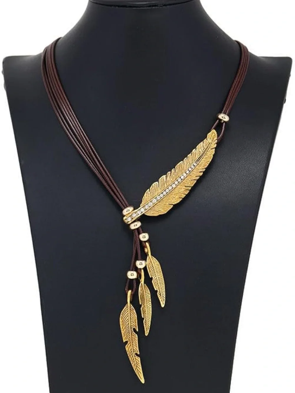 Bohemian Gold Feather Pendant Multi-Strand Brown Cord Necklace